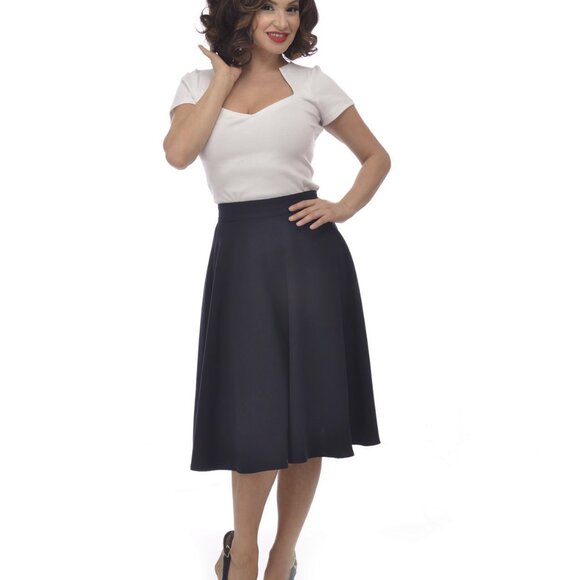 RockSteady High Waist Pin-up Office Lady Black Swing Circle Midi Skirt - Picture 2 of 3